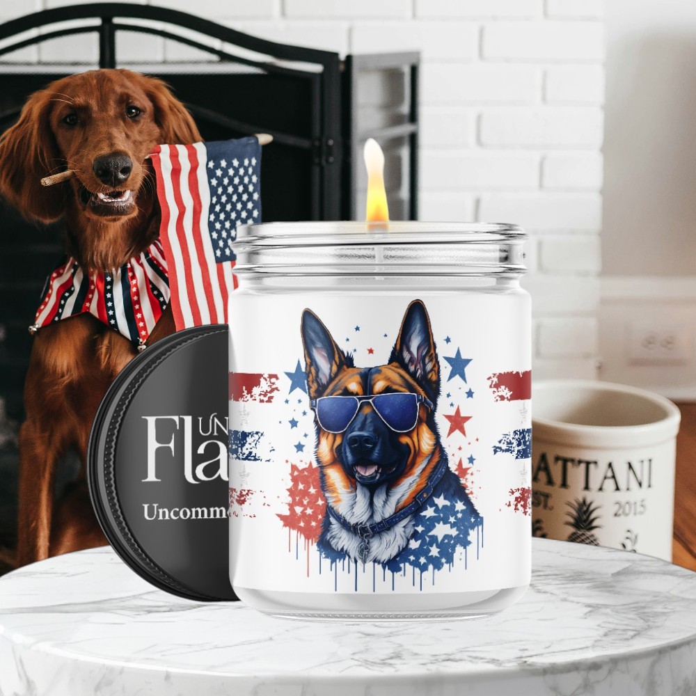 A candle with a patriotic German shepherd in red, white, and blue.