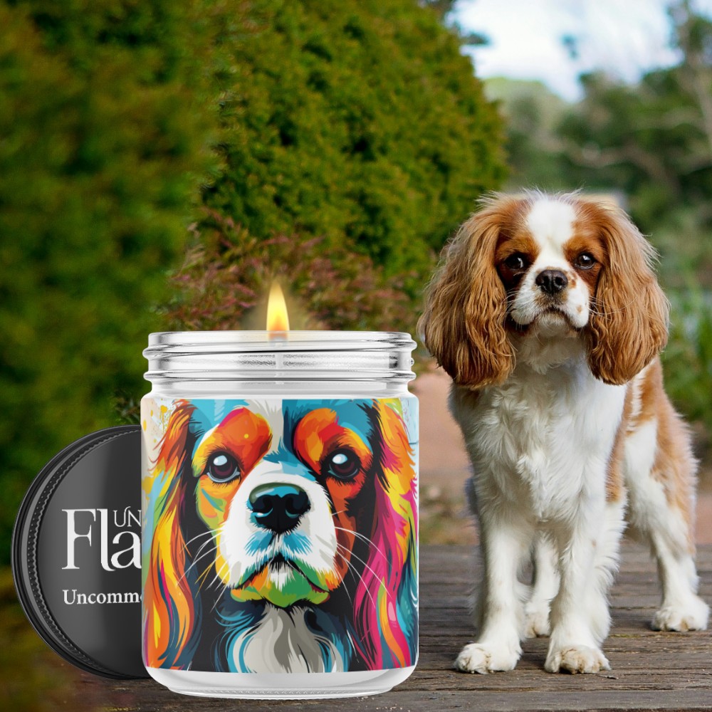 Candle with a colorful cavalier spaniel