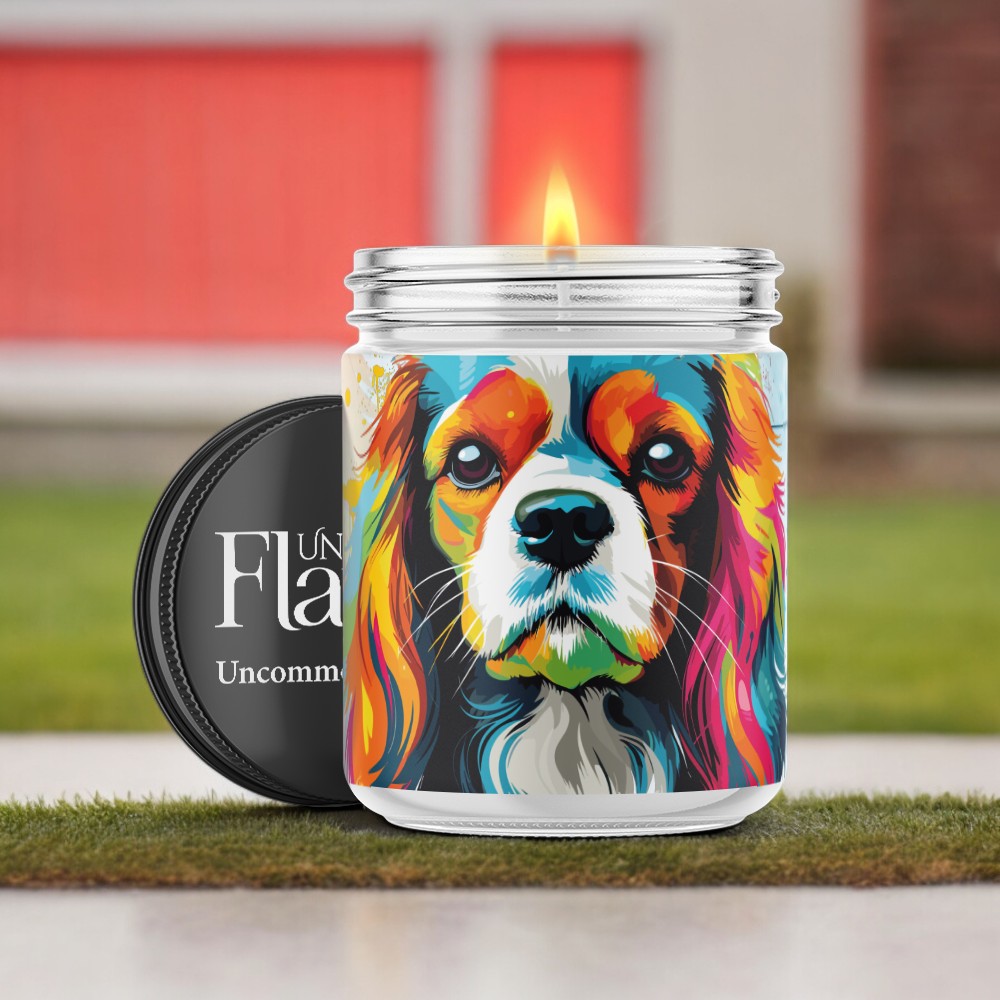 Candle with a colorful cavalier spaniel