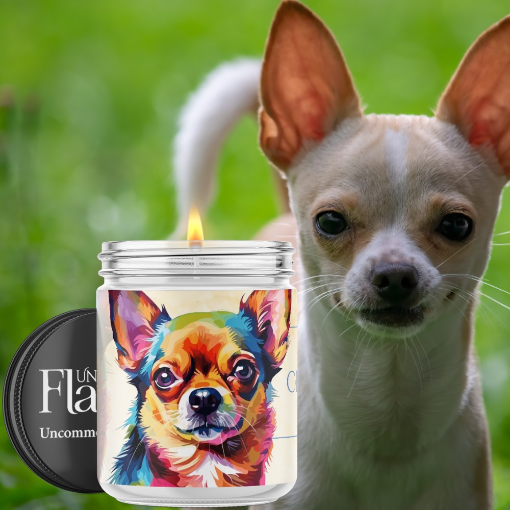 Candle with a colorful chihuahua