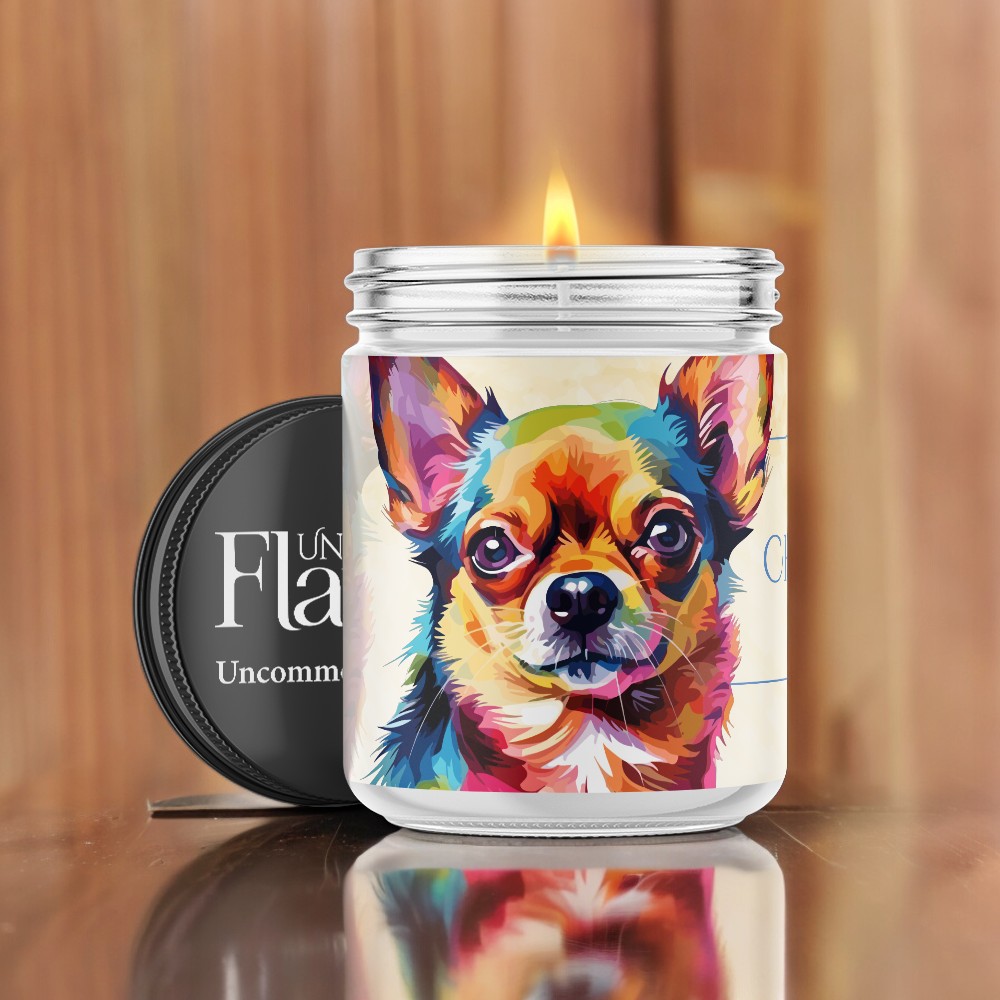 Candle with a colorful chihuahua