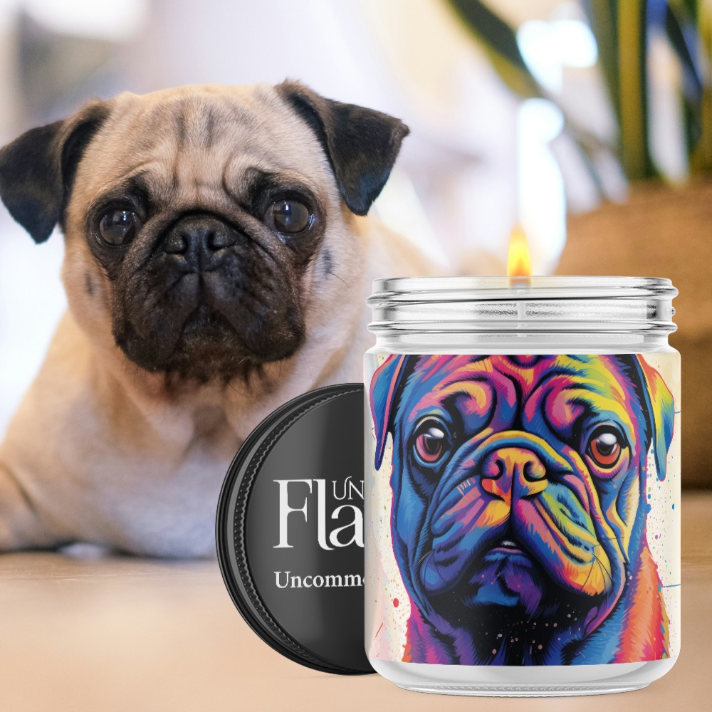 colorful pug candle