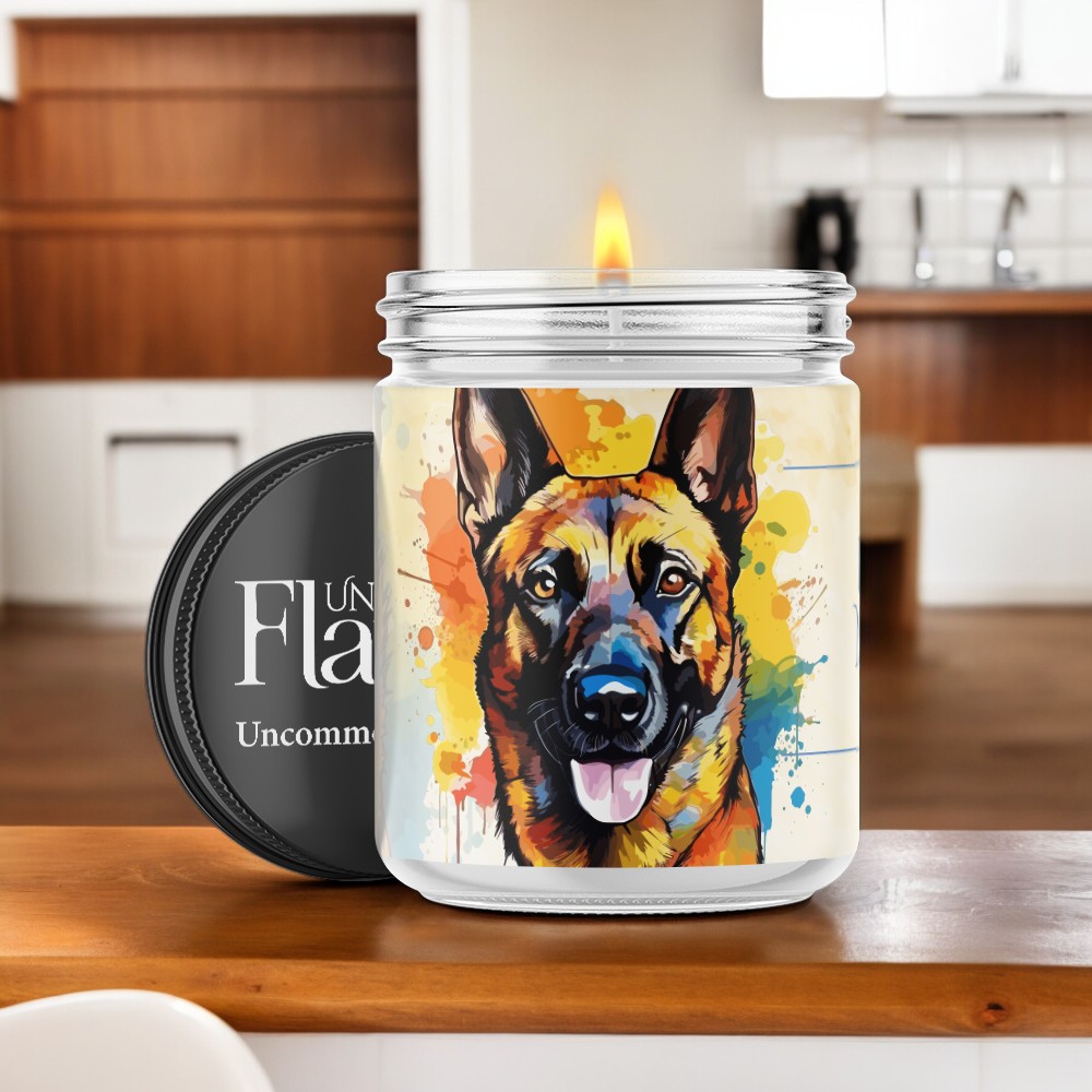Candle with a colorful Belgian Malinois