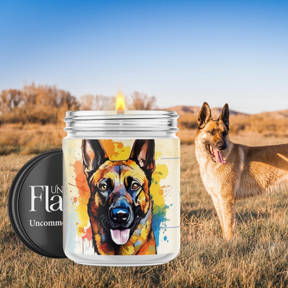 Candle with a colorful Belgian Malinois