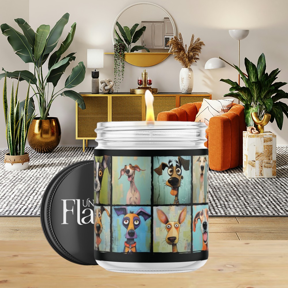 Candle covered in dog portraits