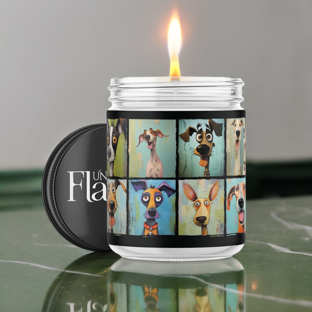 Candle covered in dog portraits