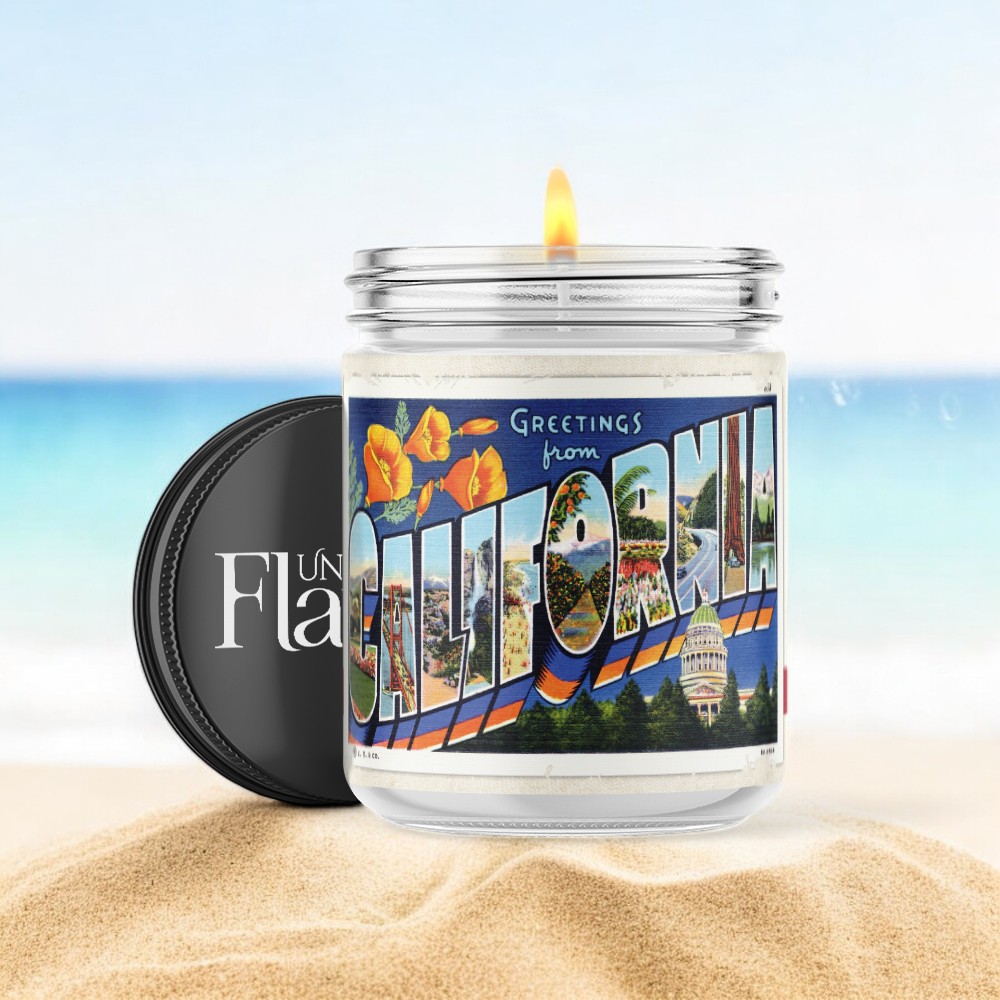 greetings from California candle