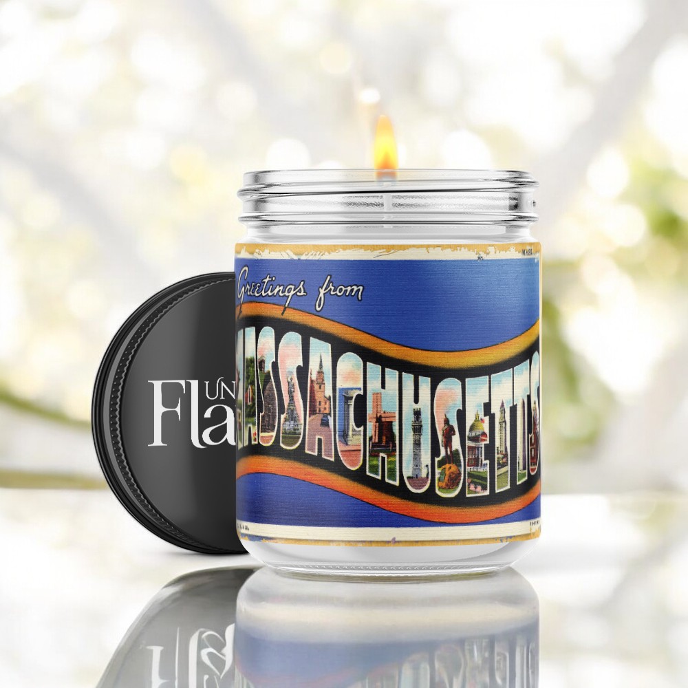 greetings from Massachusetts candle