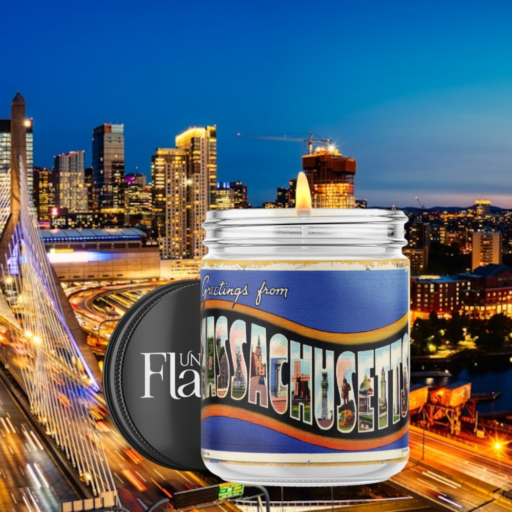 greetings from Massachusetts candle