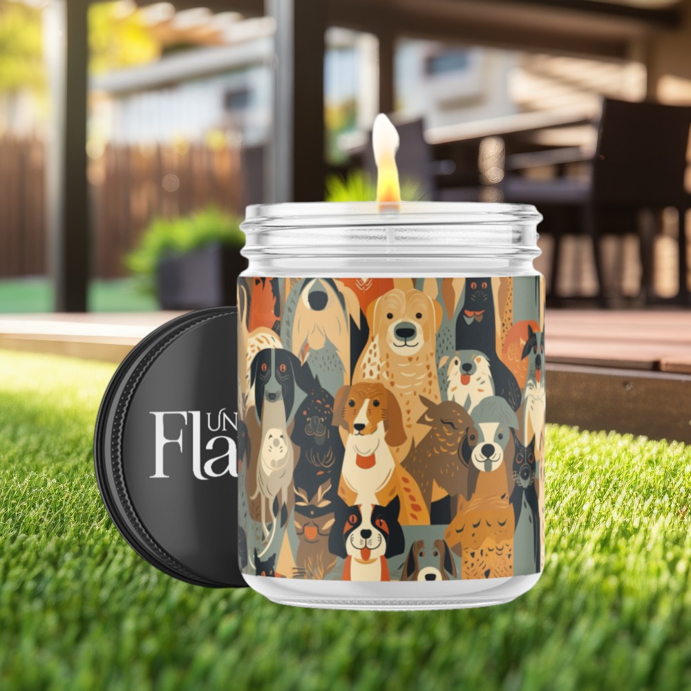 Candle with dog faces all over