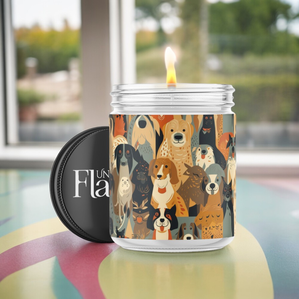 Candle with dog faces all over